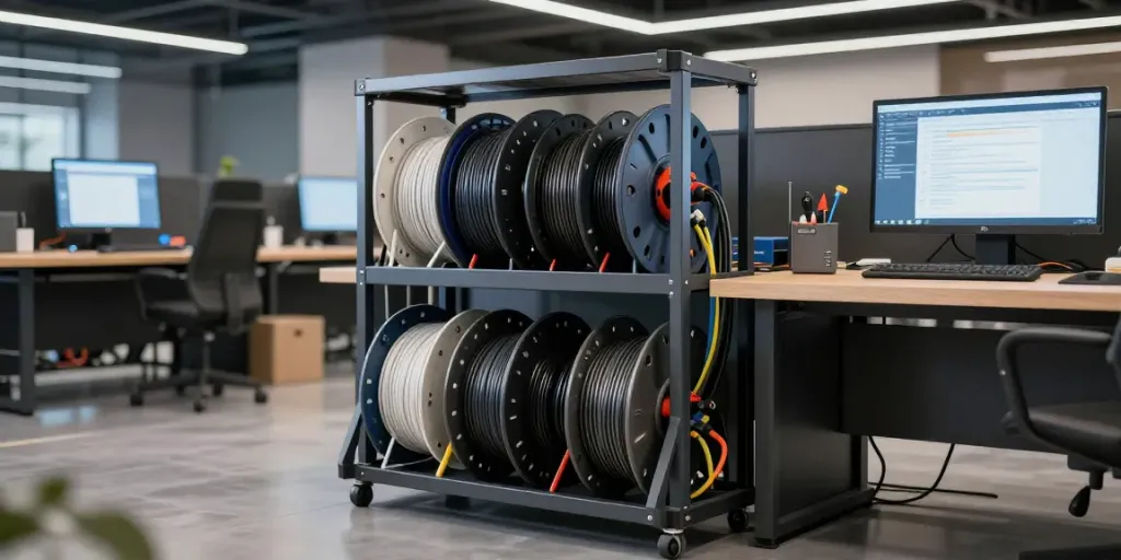 Frein d'enrouleur de câble dans une solution innovante de stockage de câbles, idéale pour les chantiers industriels, garantissant la sécurité et la facilité d'accès.
