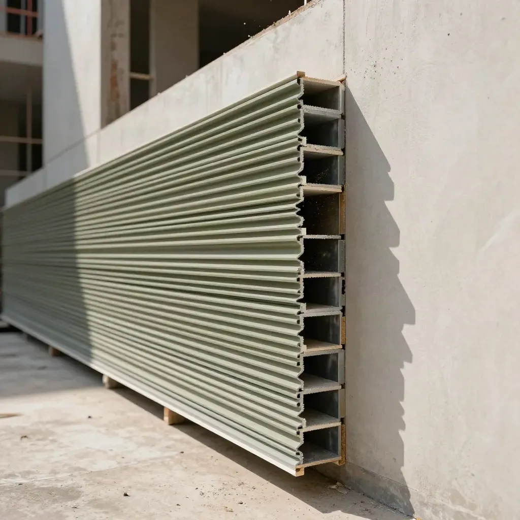 Profilés de façade, équerres et lames de bardage alignés sur un mur enduit pâle.