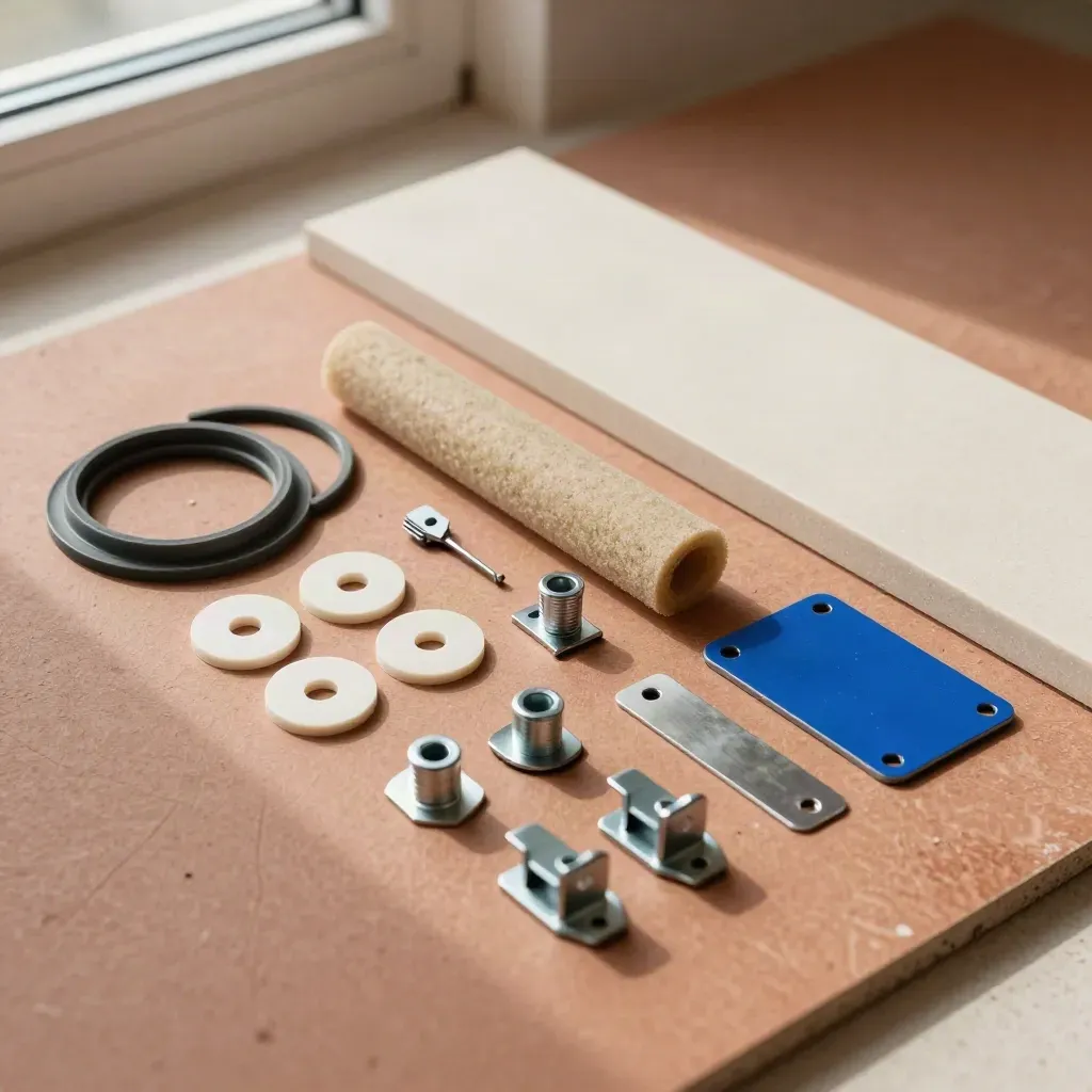 Kit d’accessoires de pose près d’un appui de fenêtre, sur fond terracotta chaleureux.