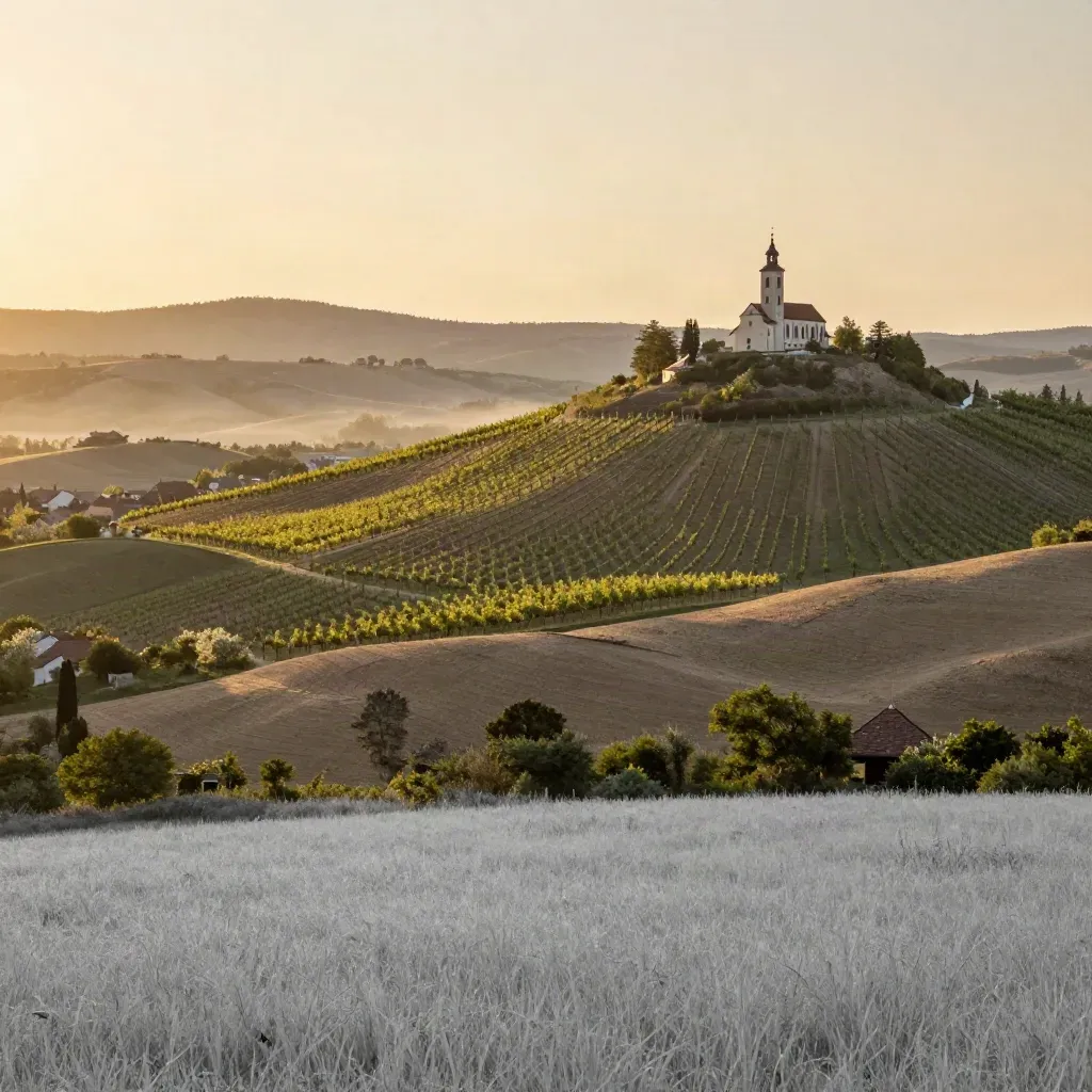 Paysage de Transylvanie au coucher du soleil, église sur la colline et vignes dorées dans la brume.