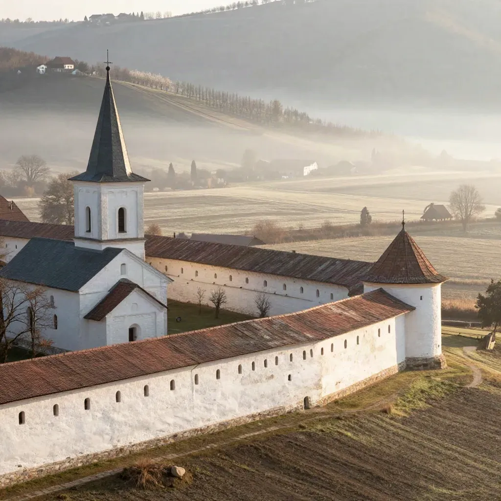 Monastère moldave à l’aube, murs blancs, toits ocres et vergers noyés de brume.